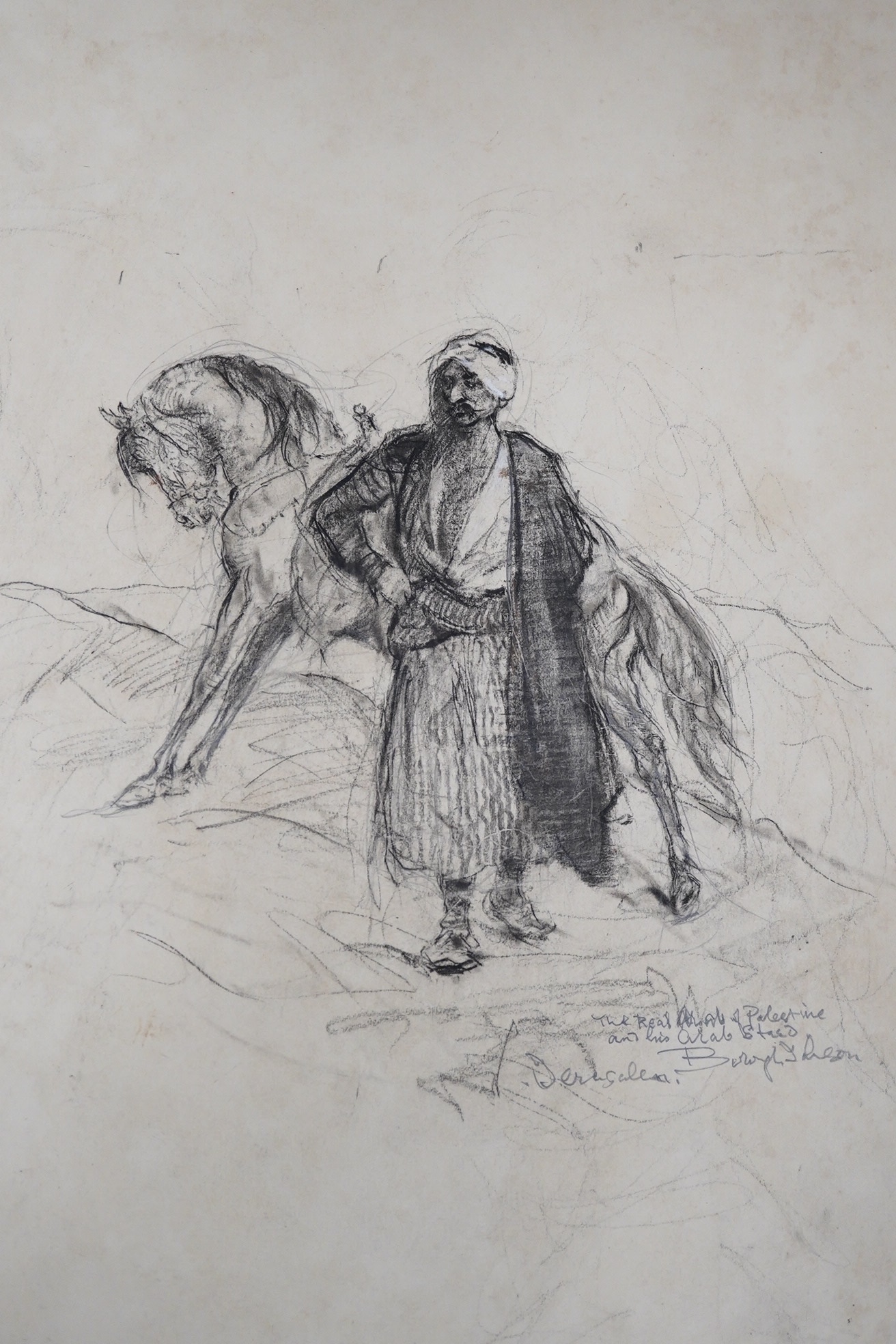 Ernest Borough Johnson (British 1867-1949), four works; The Pearly Queen, etching, 22.5 x 17cm; 'The Real Arab of Palastine...', charcoal and chalk, 29 x 22cm; Mother and child, sepia chalk, 37 x 22cm & Greek Orthodox pr